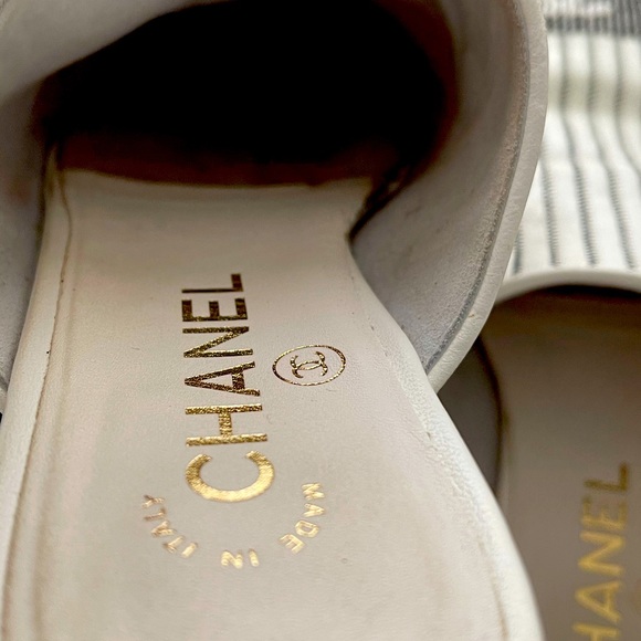 Chanel grey and white striped slip on flats. - Picture 7 of 8